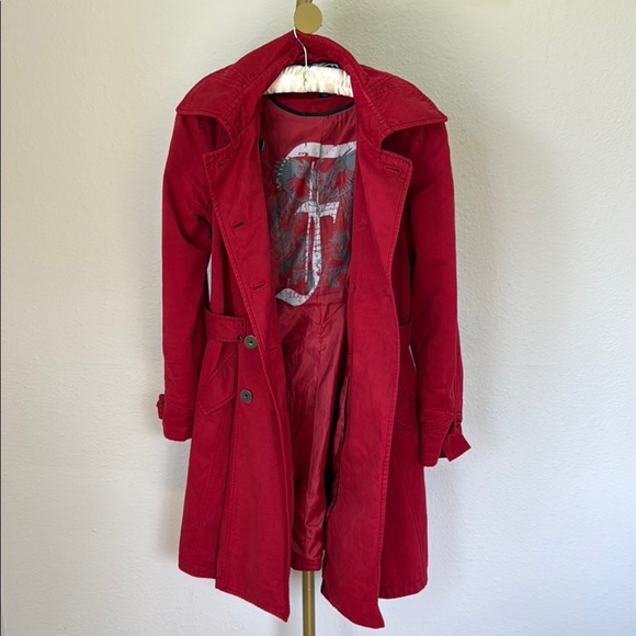 Vintage Red Denim Double Breasted Military Trench Coat Millard Fillmore Rock LA - Picture 4 of 10